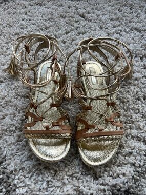 BCBGMaxazria Gold Leather Lace-Up Sandals
